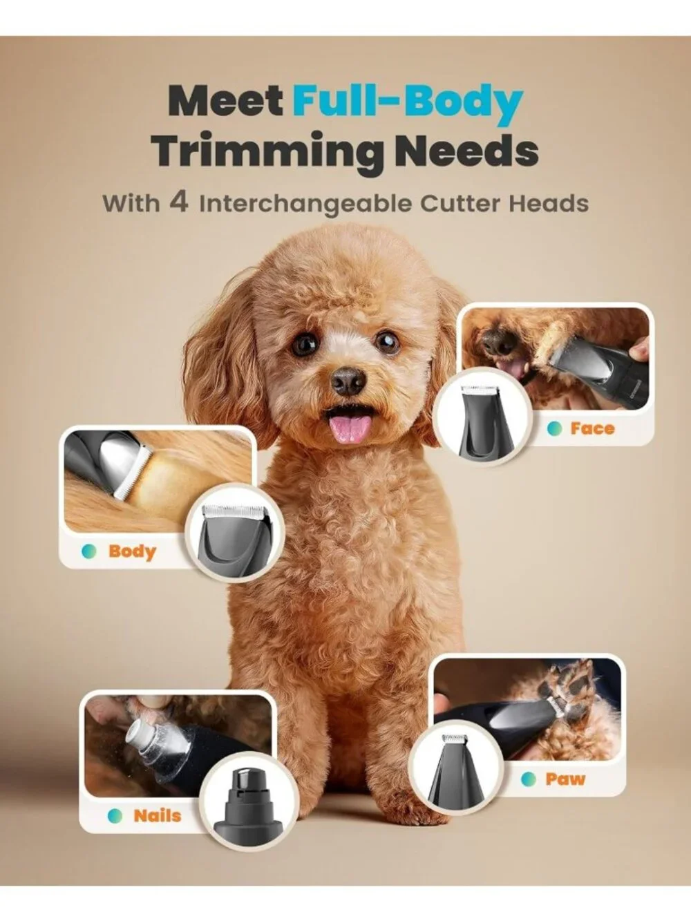 4-in-1 Dog Grooming Kit | Quiet Clippers, Nail Grinder, LED Light, Cordless